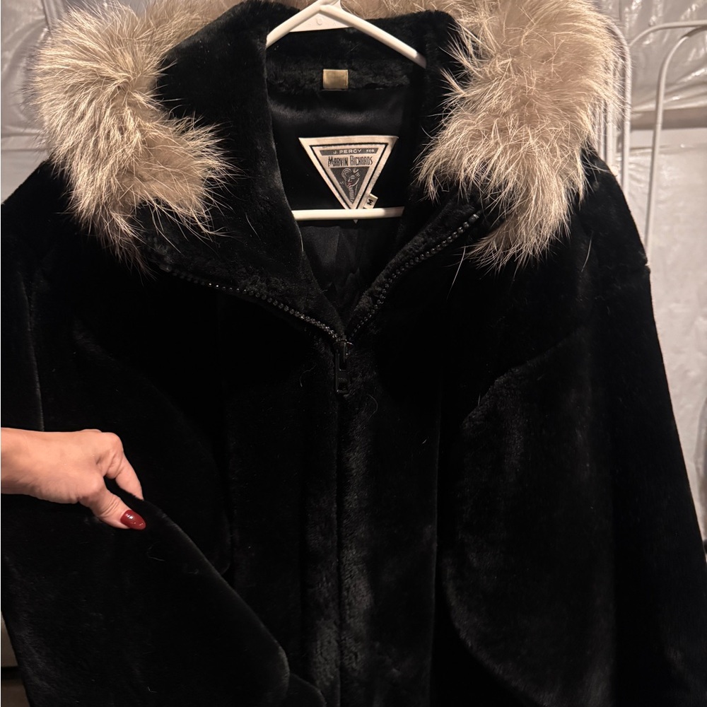 Marvin Richards Black Teddy hip length Jacket with Fur Hood